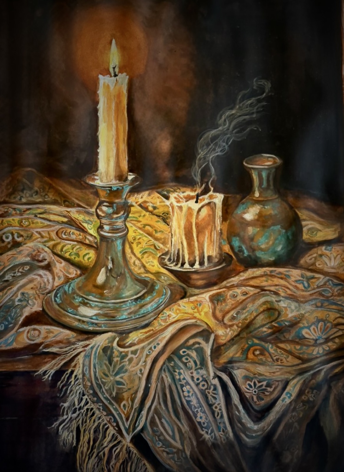 Ujwal's painting, in progress — the refused mask becoming patina